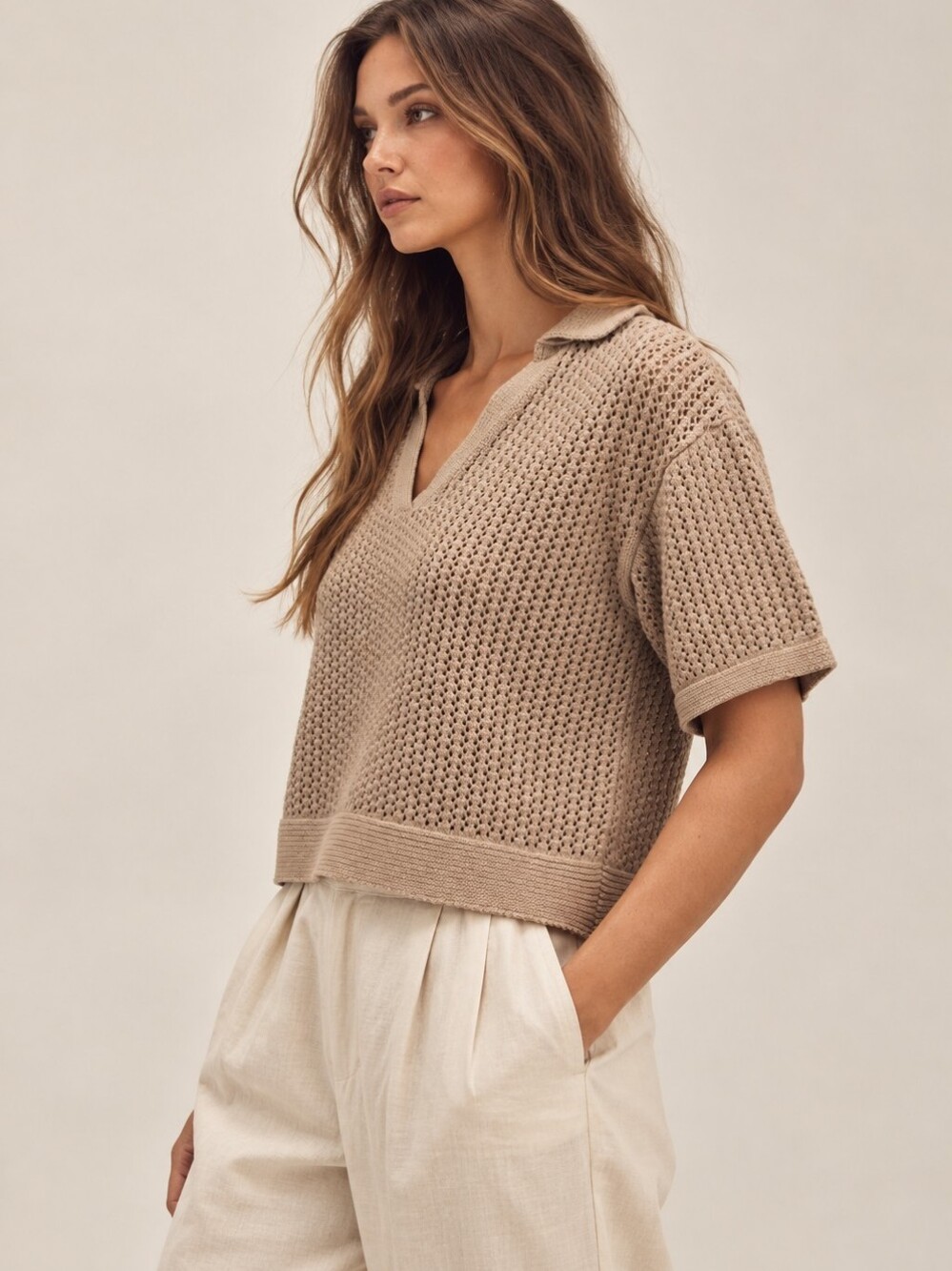 AMENTE Los Angeles Boxy Oversized Textured Open Knit Polo Sweater Top Tan M / L